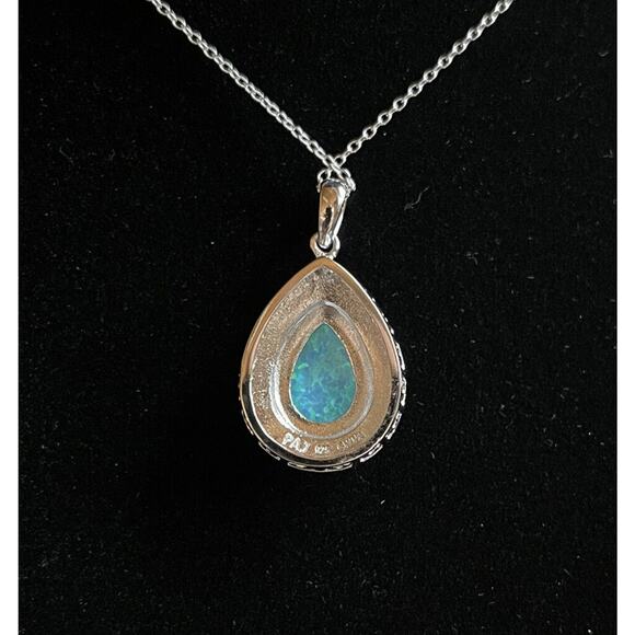 Created Opal & Blue Sapphire Pendant Necklace 925 Sterling Silver 18 inch - Picture 7 of 7